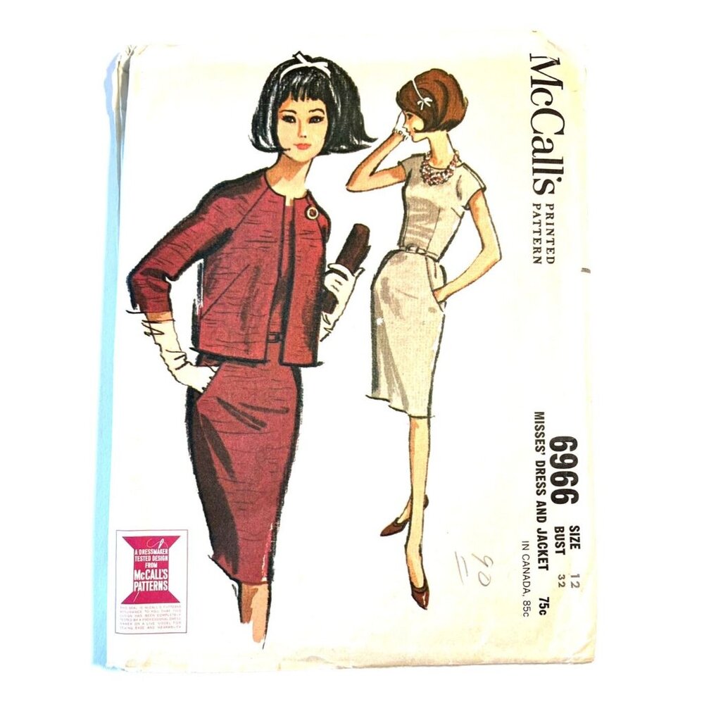 McCalls 6966 Dress Fitted Bodice Three Gore Skirt Raglan Sleeve Jacket Bust 32